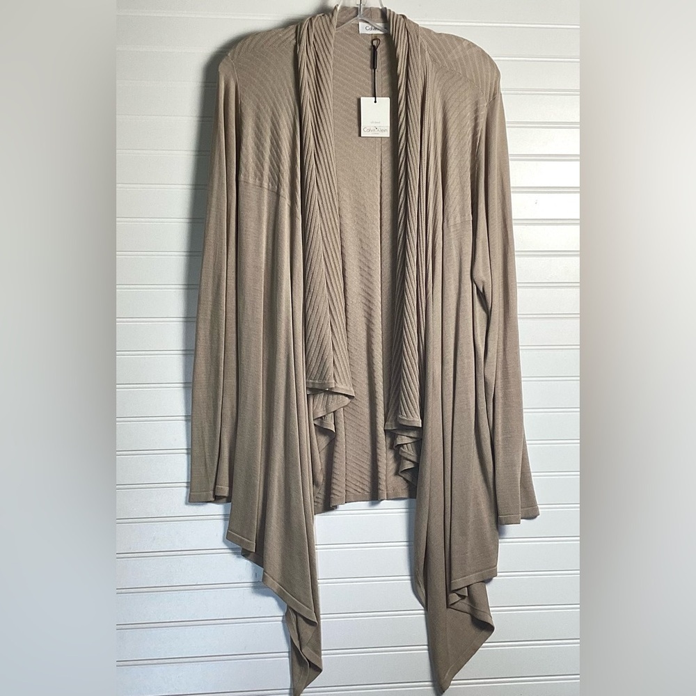 Calvin Klein NWT Open Draped Cardigan Tan Size 1X Silk Blend